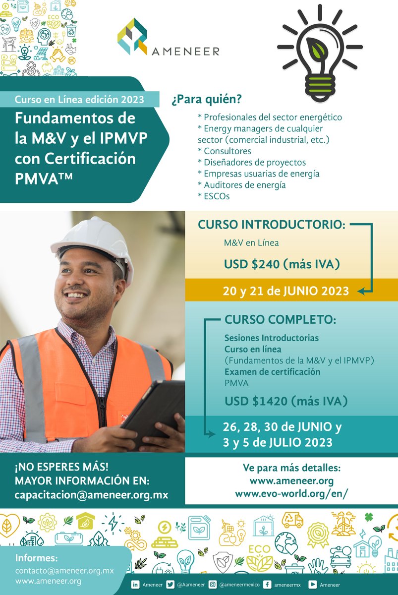 AAmeneer's tweet photo. 📣¡No te quedes fuera!📣
Aún estás a tiempo de inscribirte en nuestro curso online "Fundamentos de la M&V y el #IPMVP con Certificación #PMVA" ⚡
Mayor información:
🔗https://t.co/sAksFLbHlb
📩 capacitacion@ameneer.org.mx
#ameneer #EficienciaEnergética #Capacitación https://t.co/43d8rBvyEc