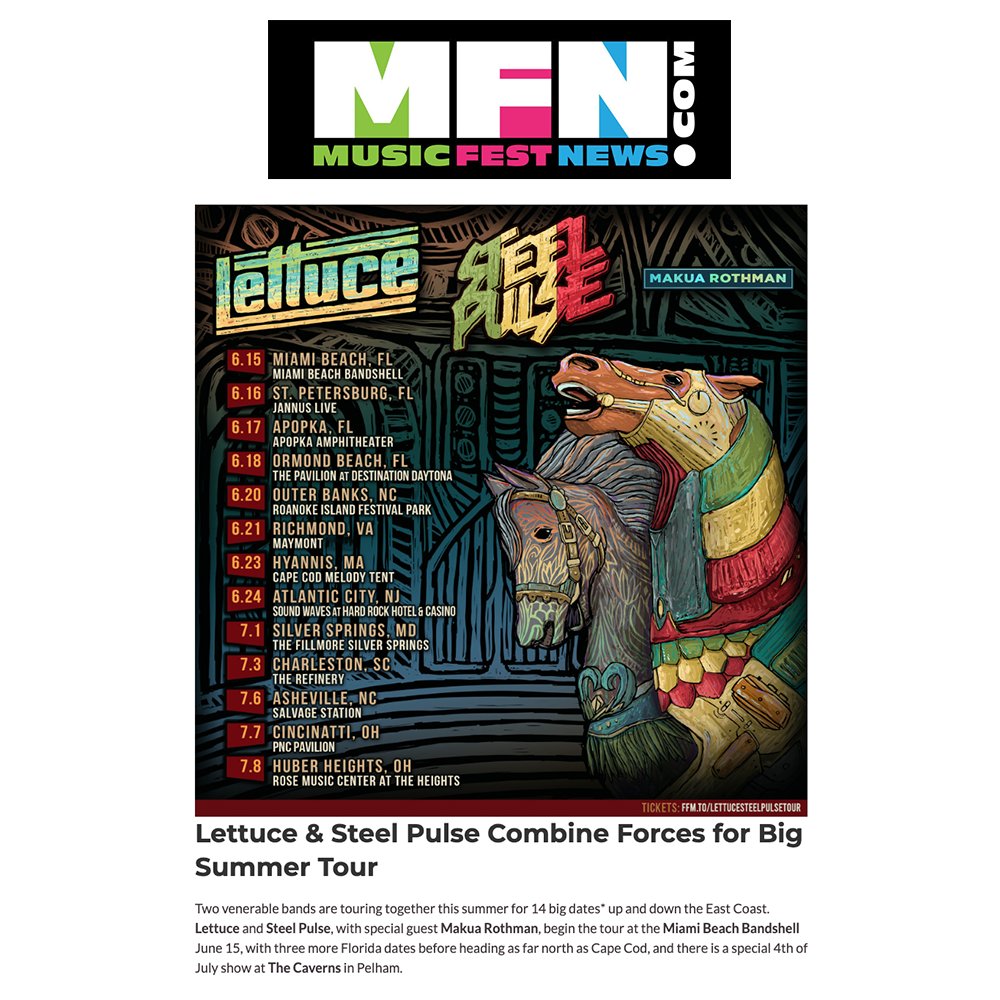 Big thanks to @MusicFestNews_ for the feature on our summer tour with @steelpulse and @therealmakua, kicking off NEXT WEEK! Read more here: musicfestnews.com/2023/05/lettuc… TIXXXXX >> ffm.to/lettucesteelpu…