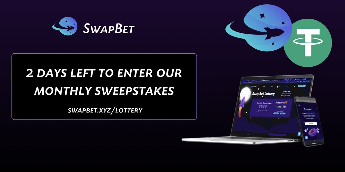Less than 2 days remain in our monthly $BET sweepstakes 🌔

Who will be the winner? 👑

Be sure to enter by holding your $BET tokens and submitting your wallet on our dApp 🎁

swapbet.xyz/lottery