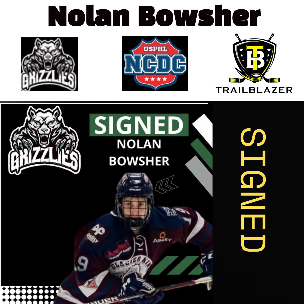 SIGNING ALERT:
Congrats to 2004 F NOLAN BOWSHER of Langley, BC on signing with @RSGrizzlies of @USPHL  National Collegiate Development Conference (NCDC)! Nolan played with the @KIJHL  @CVGKhockey !
#trailblazer