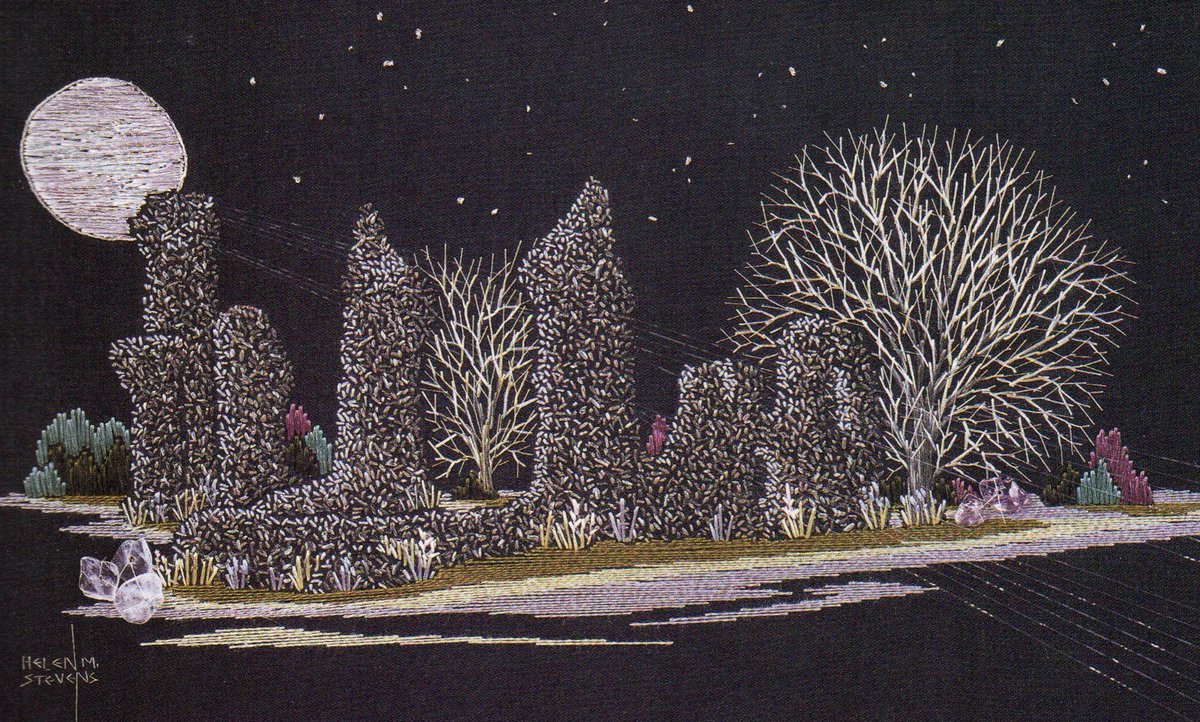 Abbey Ruins by Moonlight.  Bury St Edmunds. Here, as in Glastonbury, the Mary and Michael lines cross and re-cross.  And we are lucky enough still to be able to see the stars! #embroidery #handembroidery #burystedmunds #abbeyruins #embroideredlandscape