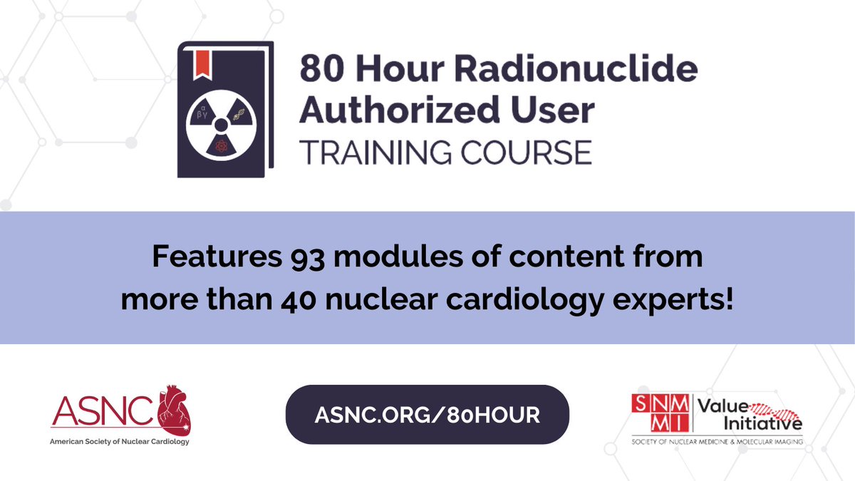 MyASNC's tweet image. 📚Discover the ASNC/SNMMI 80 Hour Radionuclide Authorized User Training Course!

🎓 Fulfill the 80 hrs classroom training requirement for the #CBNC exam.
☢️Become an authorized user of radioisotopes for imaging &amp;amp; localization studies.

More info👉bit.ly/3Cl35TY
#CVNuc