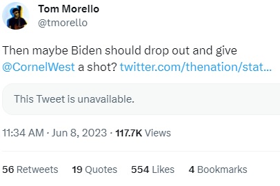 Tom Morello, from the band Rage Against The Machine, seems to be endorsing Cornel West for President.

Morello and Rage Against The Machine were big Ralph Nader supporters in 2000, even releasing a Michael Moore-directed music video promoting Nader.