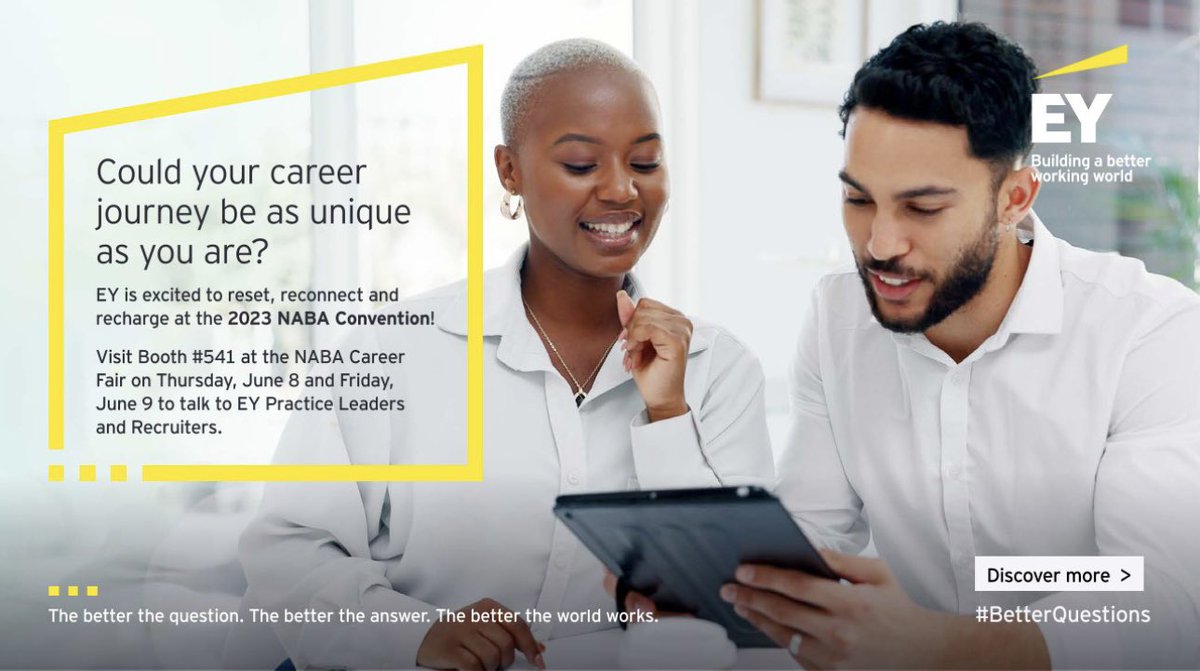 JamilaMayfield's tweet image. If you are at the @NABAInc Convention, please stop by the @EY_US booth at the Career Fair to meet with our practice leaders and recruiters. We’d love to connect with you! #ey #naba