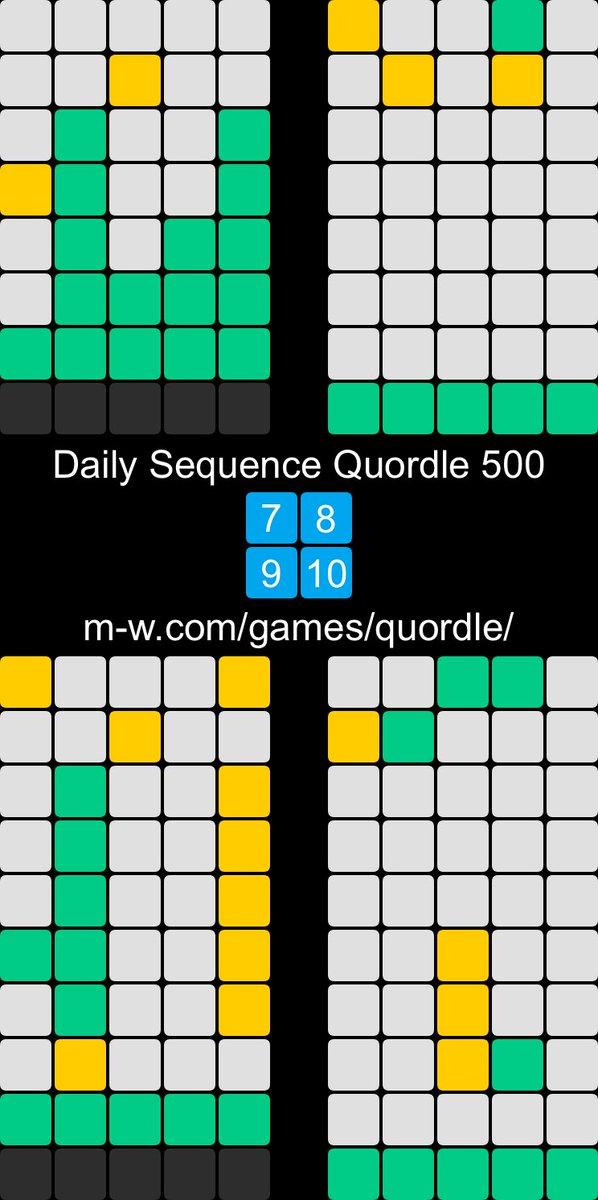 Daily Sequence Quordle 500
7️⃣8️⃣
9️⃣🔟

#dailysequencequordle