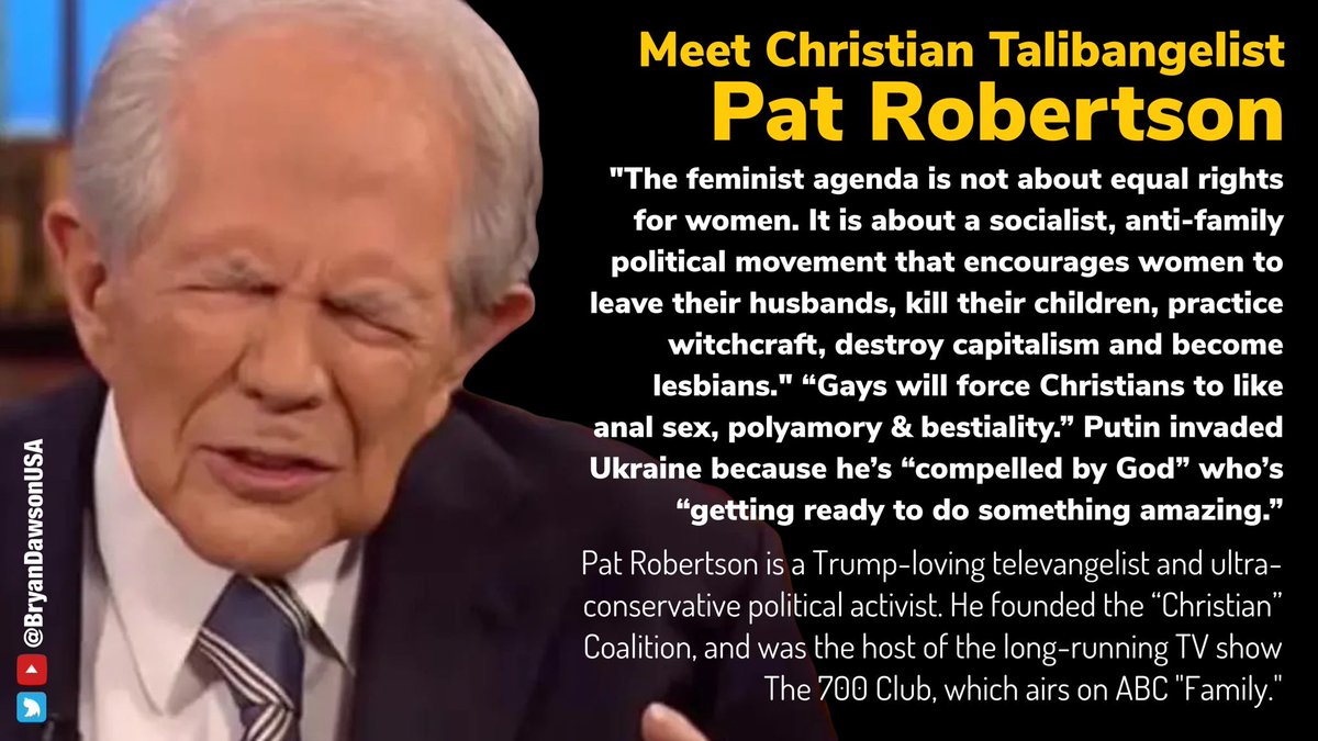 Christian Talibangelist con artist Pat Robertson said Putin's invasion of Ukraine was “being compelled by God” to fulfill end of times prophecy. “God is getting ready to do something amazing” - You know, like kill innocent men, women, & children

HE'S DEAD & meeting Limbaugh
#GQP