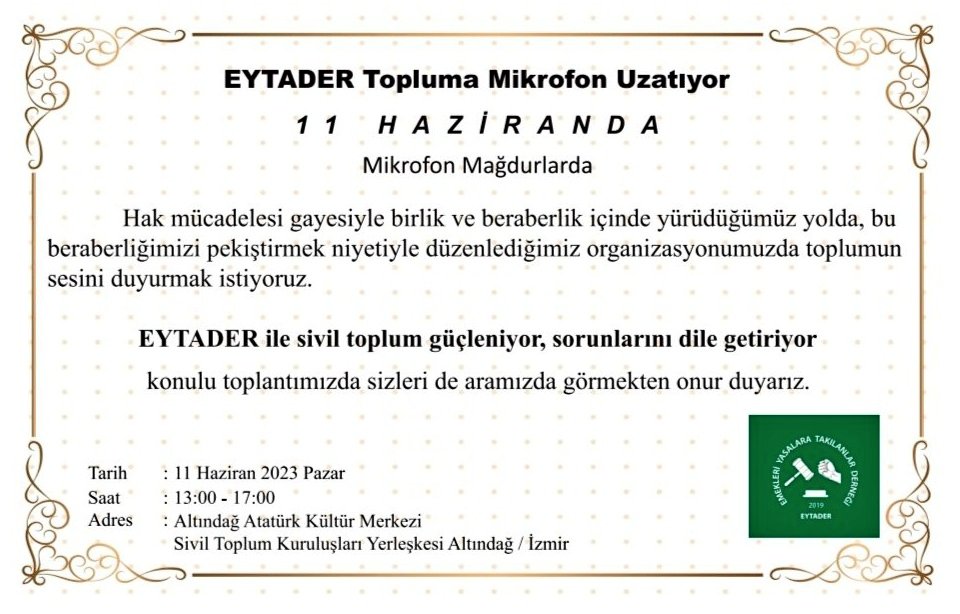 ❗Ç A Ğ R I❗
5000 PRİM ve KISMİ EMEKLİLİK,
STAJ, ÇIRAK ve KAYITSIZLAR,
BAĞKUR - TESCİL, İHYA, PRİM,
1999 SONRASI İŞE BAŞLAYANLAR,
ASKERLİK VE SİVİL OKUL BORCLANMASİ,

Yeni dönemde,
Tüm mağduriyetlerin çözümü için,
TEK SGK için,
🍀Bir Aradayız🍀
#BüyükBuluşma11Haziranİzmir