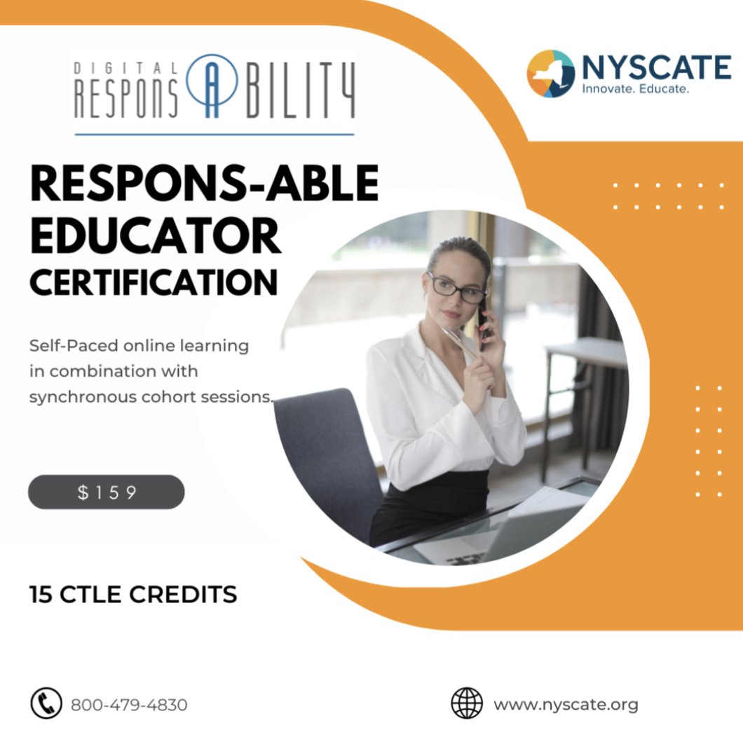 🌟 Register now for @NYSCATE's Respons-able Educator Certification course!
July 10 - Aug. 13
The highly informative course is self-paced and engaging to equip educators with essential #digitalcitizenship skills, tools, and resources.
🌟Learn more here:  nyscate.org/page/respons-a…