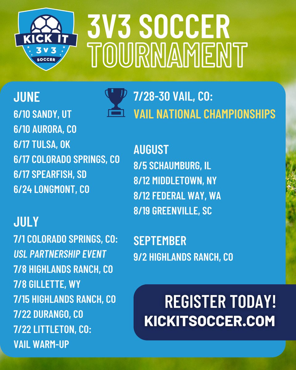 KickIt3v3Soccer's tweet photo. Are you ready to show off your soccer skills and have some fun in the sun? Look no further than our 3v3 soccer events this summer! Sign up for one today at https://t.co/GtMMXAncc6 https://t.co/TQugZevEbu