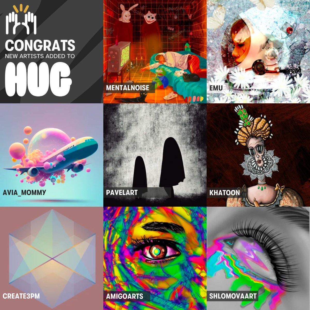 theHUGart's tweet photo. Congratulations to the latest artists curated by our community and added to HUG 🎊

@mentalnoise_e
@emuandemuz
@Avia_Mommy
@PavelArt12
@nftkhatoonart
@create3pm
@AmigoNFT6
@ShlomovaArt

Welcome! We can't wait to see how you customize your profiles 🤗✨ https://t.co/WG6KDCFkhR