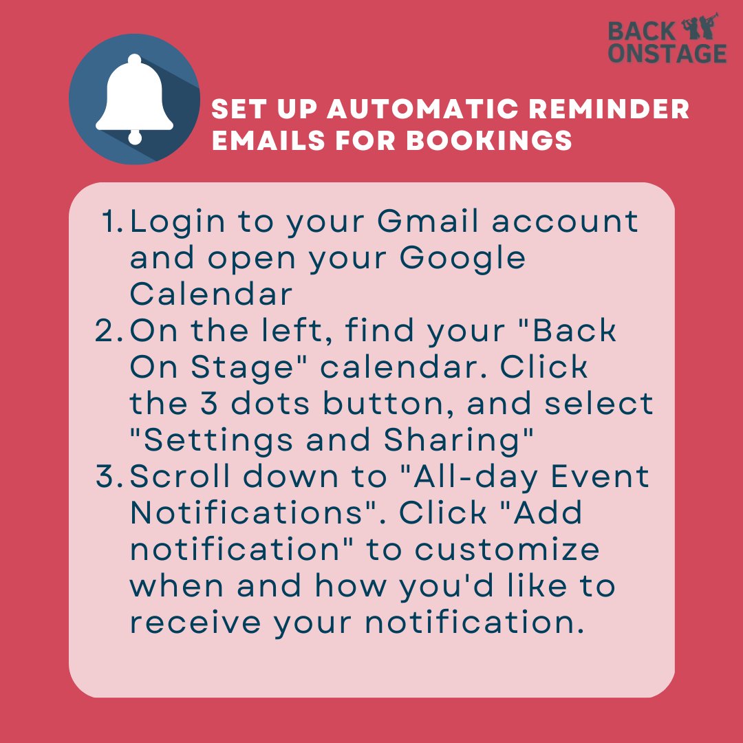 Stay organized and on top of your #gigs with Back On Stage. Learn how to set up email and push notifications in just a few clicks on our help calendar: bit.ly/42LEYKe

#backonstage #musiccalendar #eventnotifications #BOS #eventplanner