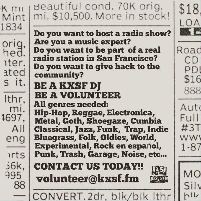 KXSF 102.5 FM needs you! If you share our passion and want to volunteer in content creation, grant writing, fundraising and more go to KXSF.fm and click on BECOME A VOLUNTEER. We need DJs, music hounds and technical types! Help us keep real radio in San Francisco