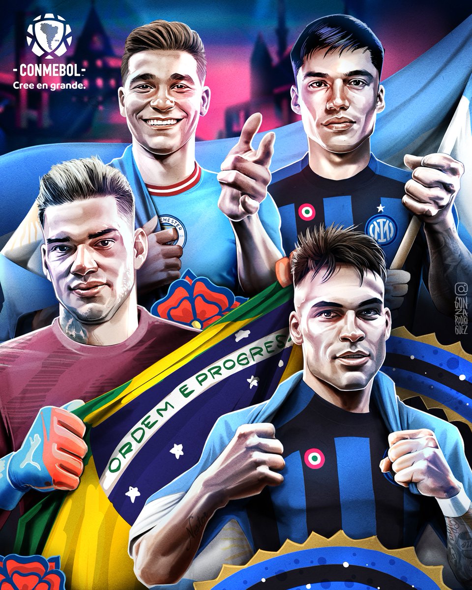 CONMEBOL's tweet photo. 🤩 ¡El talento sudamericano brilla en la #UCLfinal de este sábado entre @ManCity 🆚 @Inter!

👏👏 O talento sul-americano brilha na #UCLfinal deste sábado entre @ManCity 🆚 @Inter!

#CreeEnGrande #AcrediteSempre https://t.co/BChFjKs6La