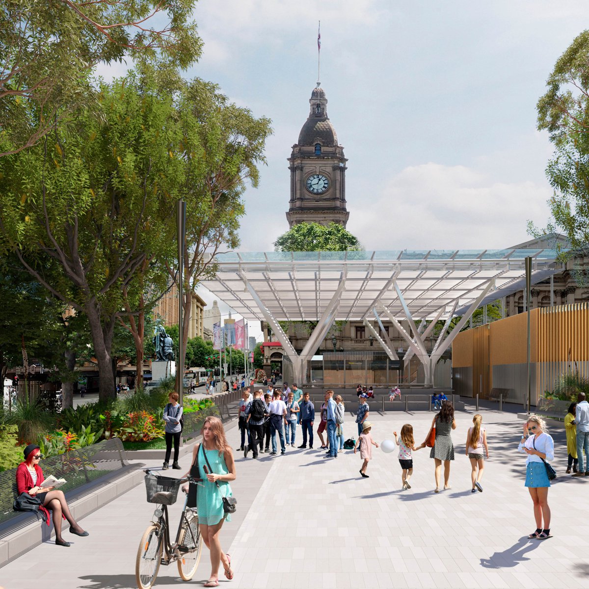 HASSELL_Studio's tweet photo. Melbourne Metro's Town Hall Station and City Square to open a year earlier than scheduled. “City Square will once again be a lively public space… as well as a beautiful new arrival experience amongst the fabric of Melbourne,��� says Principal Mark Loughnan. https://t.co/apg5Hbsvqd https://t.co/zIzu0FSoBO