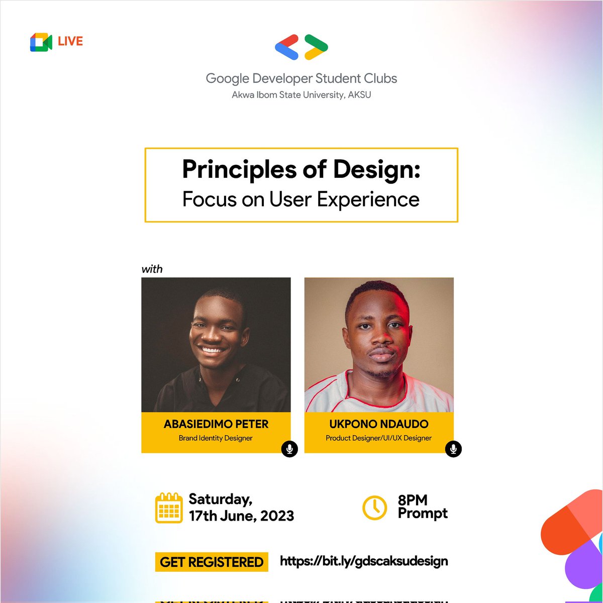 '🎙 Join me & Product Manager Ukpono Ndaudo for an exciting virtual event on June 17th, 8pm! 🌟 We'll be sharing insights on Design Principles & User Experience. Don't miss out! Click the link to join: bit.ly/gdscaksudesign

 #DesignPrinciples #UX #VirtualEvent'