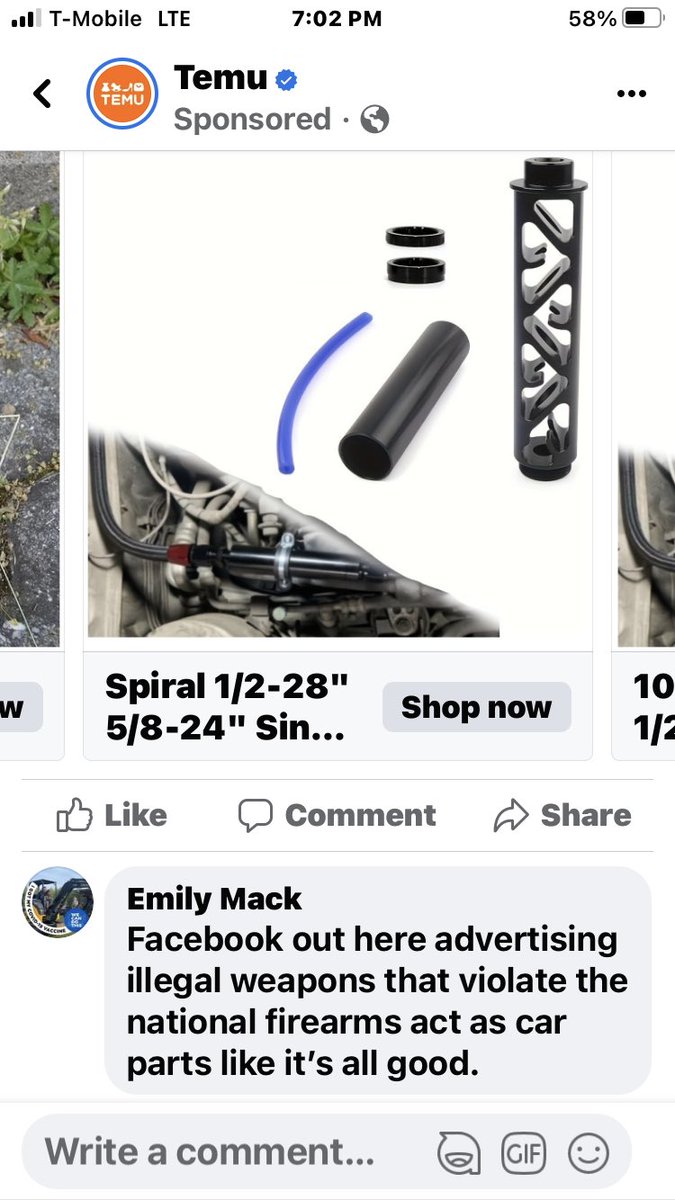 emilyjomack's tweet photo. @nytimes  screenshot of Facebook ad for illegal firearm silencers advertised as car parts https://t.co/qOG0skg1zO