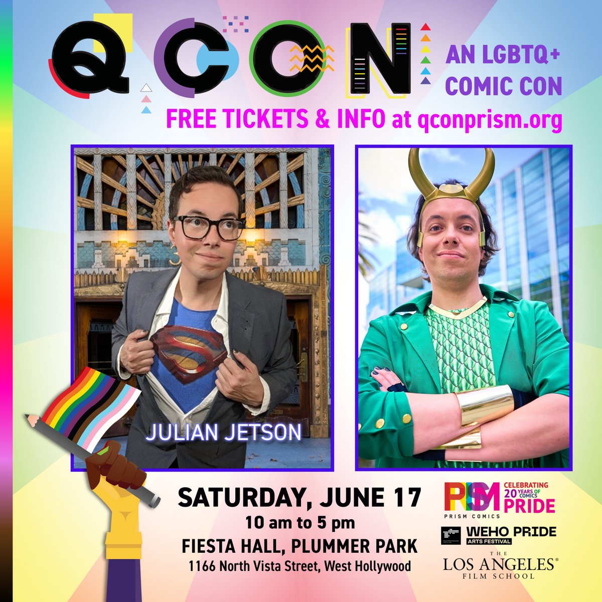 prismcomics's tweet photo. #Cosplayer and emcee @Julian_Jetson will be hosting the #CosplayContest and #PrideStoryHour at @QConPrism! Meet him and other talented #LGBTQcomics creators and cosplayers Saturday June 17 at #PlummerPark in @WestHollywood! #FreeAdmission! @wehoarts @wehopride #comicconvention https://t.co/QPkh6u2FRV
