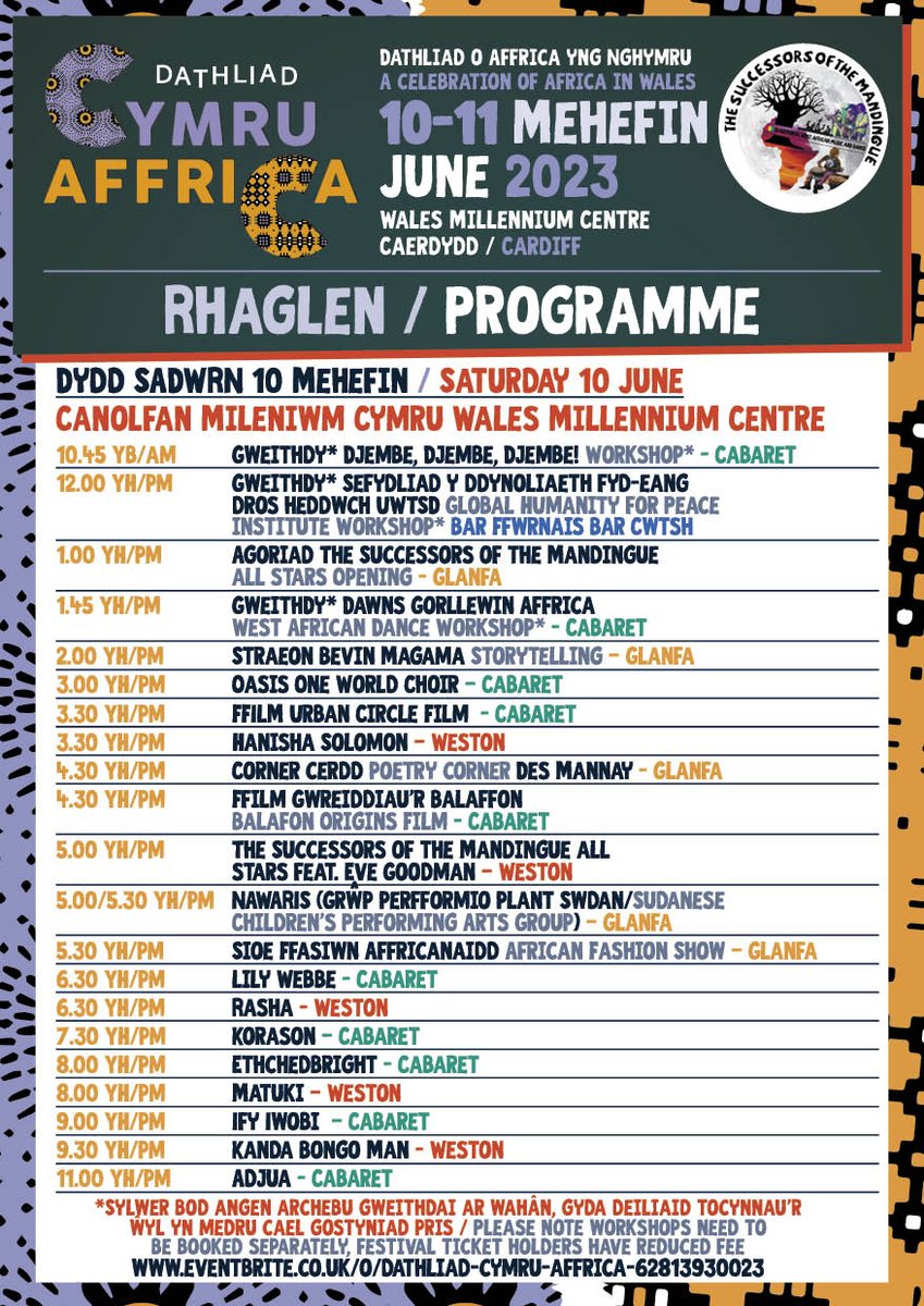 TMandingue's tweet photo. Here is our full programme for Dathliad Cymru-Affrica-Cardiff at @theCentre this weekend Sat 10th/Sun 11th June. Tickets: https://t.co/AWagKPXqyw Dyma ein rhaglen lawn ar gyfer Dathliad Cymru-Affrica-Caerdydd yn @theCentre  penwythnos yma 10/11 Mehefin.  https://t.co/GkByJOn85s https://t.co/SipHuSlRD7