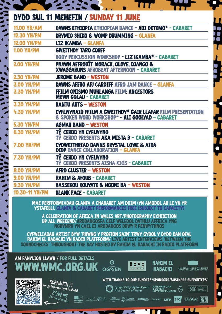 Here is our full programme for Dathliad Cymru-Affrica-Cardiff at <a href="/theCentre/">Wales Millennium Centre</a> this weekend Sat 10th/Sun 11th June. Tickets: surl.li/hunzc Dyma ein rhaglen lawn ar gyfer Dathliad Cymru-Affrica-Caerdydd yn <a href="/theCentre/">Wales Millennium Centre</a>  penwythnos yma 10/11 Mehefin.  surl.li/hunzx
