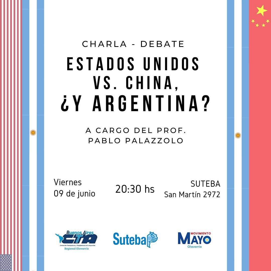mayo7ma's tweet image. 📌 #CharlaDebate 
🇺🇸🇦🇷🇨🇳 Estados Unidos vs China, ¿y Argentina? - A cargo @pablo_palazzolo

👉🏽 Invitamos a toda la comunidad para conocer la historia, el presente y comprender las posibilidades de desarrollo y crecimiento de nuestro país.

📍9/6 20:30 en San Martín 2972 (Suteba)