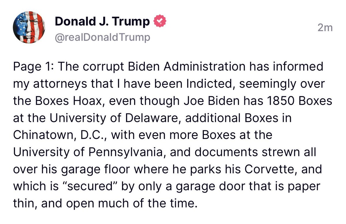 🚨 Trump says his attorneys have been informed that he’s been indicted in the classified documents probe: