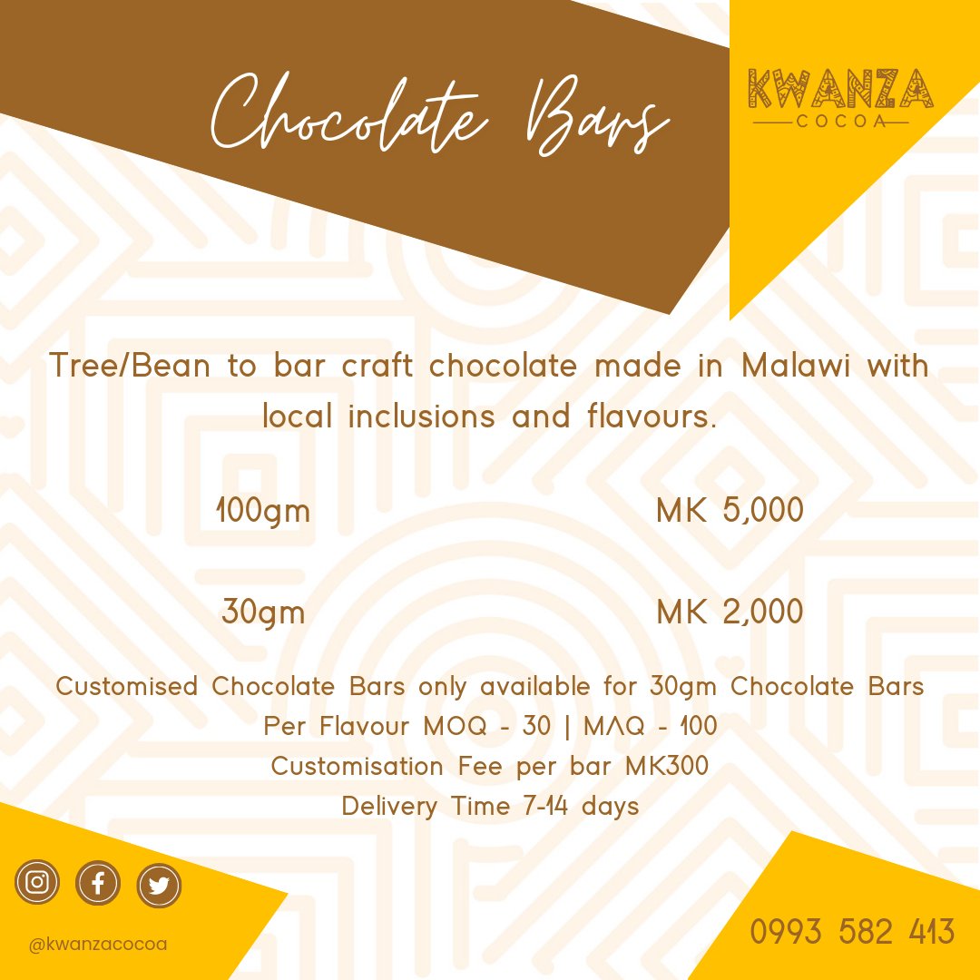 💯🇲🇼🌳🍫As we continue to grow and offer you great experiences for your taste buds. Please note our updated Product & Price List.

If you would like a consultation please feel free to get in touch with our team.

#grownandcraftedinmalawi #cocoa #cacao #chocolate #beantobar