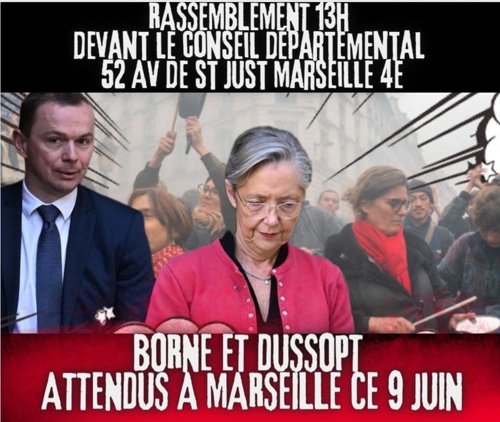 #100joursdezbeul 
#ReformeDesRetraites 

⚠️ALERTE #Casserolade :

Borne et Dussopt se déplacent à Marseille ce 9 juin

Les camarades CGT de Marseille et des Bouches du Rhône sont chauds bouillants pour bien les recevoir 🔥🍳🤬✊