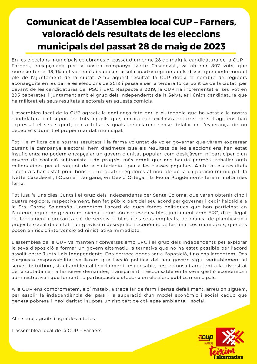 🪡🧶🧵Fem pública la nostra posició en relació als resultats de les #eleccionsmunicipals2023 i el consistori que en sortirà.
Seguim #teixintlalternativa per #Farners. @ratolidecamp @OusmanJK @FionaPuigd33813