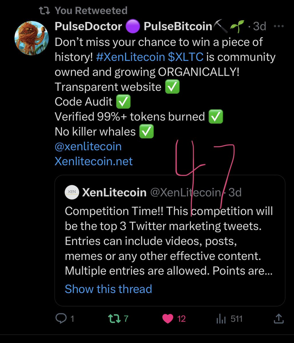 Thank you to everyone that participated in our community competition. $XLTC 
Congratulations to our winners.
1st place: <a href="/Days_of_Crypto/">DaysofCrypto.root | Futureverse</a> 
2nd place: <a href="/JSEmbo/">Jonas Sembo</a> 
3rd place: @PulseDoctor369 
Please send me via DM the wallet address that we can send the winnings. #XenLitecoin