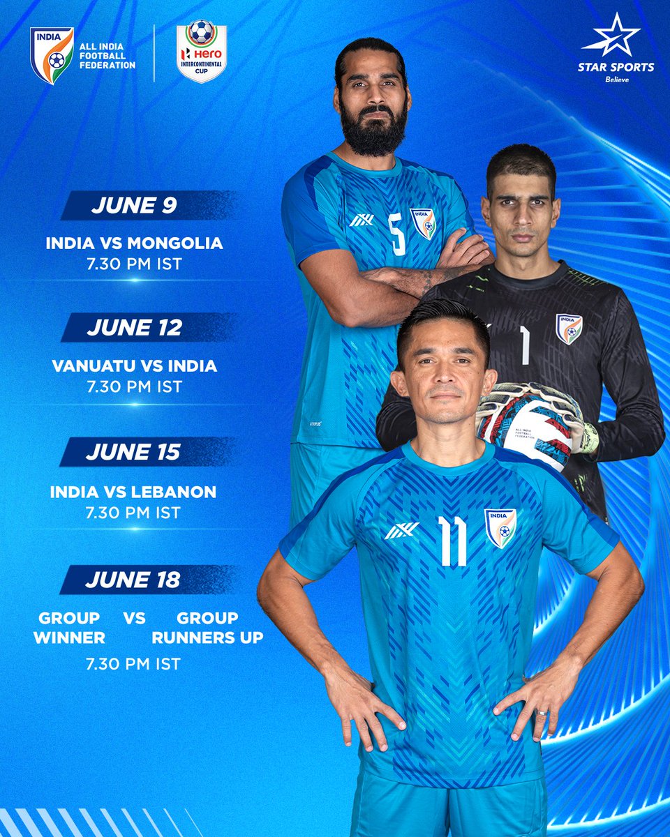 praful_patel's tweet photo. My best wishes to @IndianFootball as it takes on Mongolia in their first match of #HeroIntercontinentalCup. I will be rooting and celebrating your every win boys!
@chetrisunil11 #INDvsMON #BlueTigers https://t.co/tmQnsVD3dw