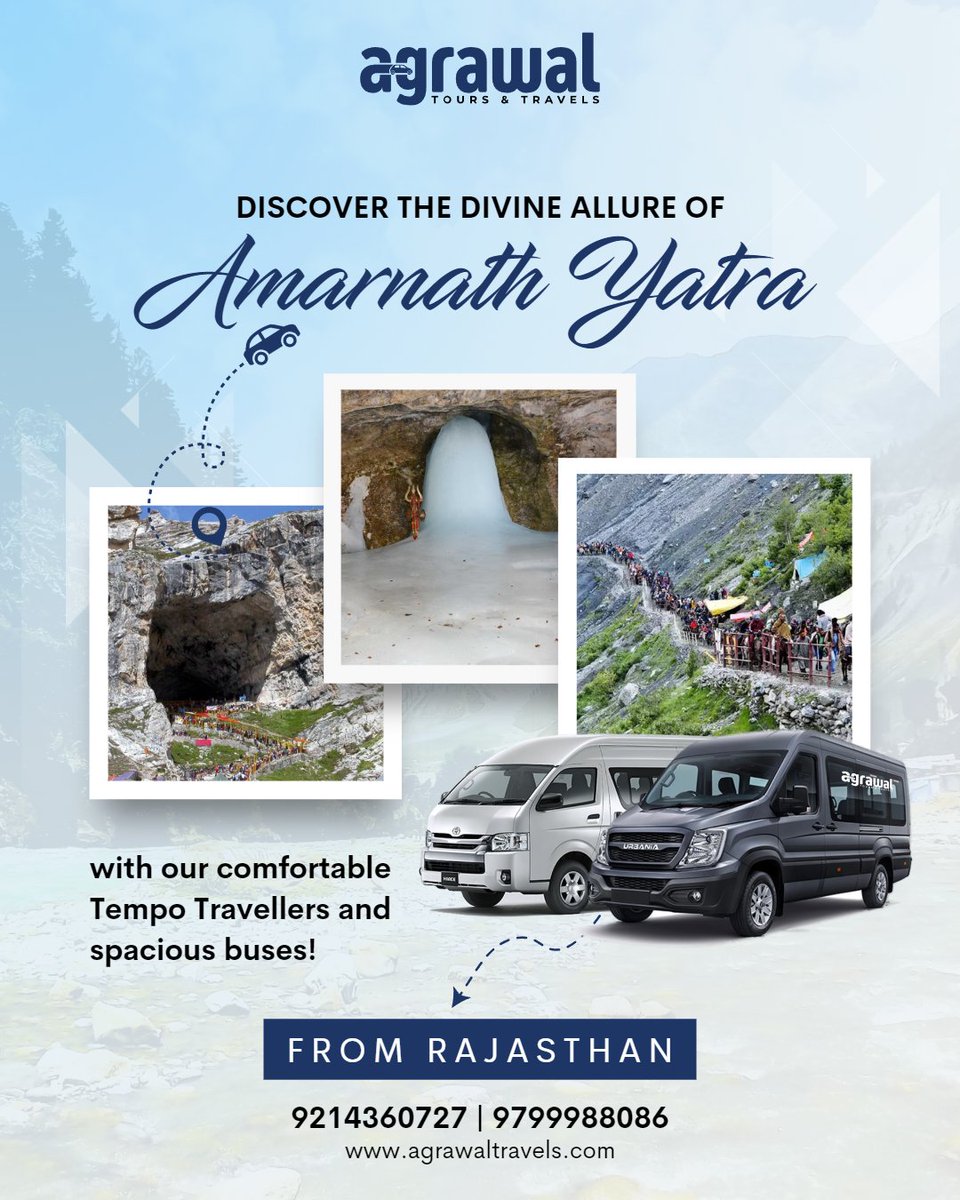Embark on a blissful journey to Amarnath Yatra with our comfortable Tempo Travellers and spacious buses! 🚍

#AmarnathYatra #TempoTravellerRentals #BusRentals #PilgrimageJourney #ComfortableTravel #RajasthanToAmarnath #DivineExperience #SafeJourney #HimalayanBeauty #BookNow