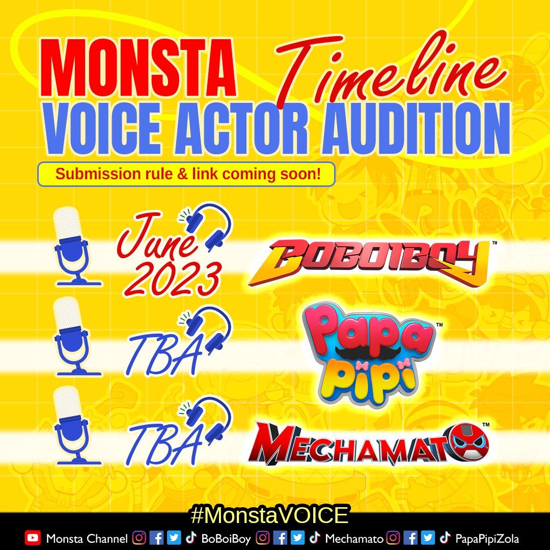 [#MonstaVOICE] 🫵🎙

#Monsta wants you! Young and old, new or experienced. It's time to show us your talent! Look forward to the announcement soon! 📢📝

#BoBoiBoy #Mechamato #PapaPipi #VoiceActing #BBBGLXS2