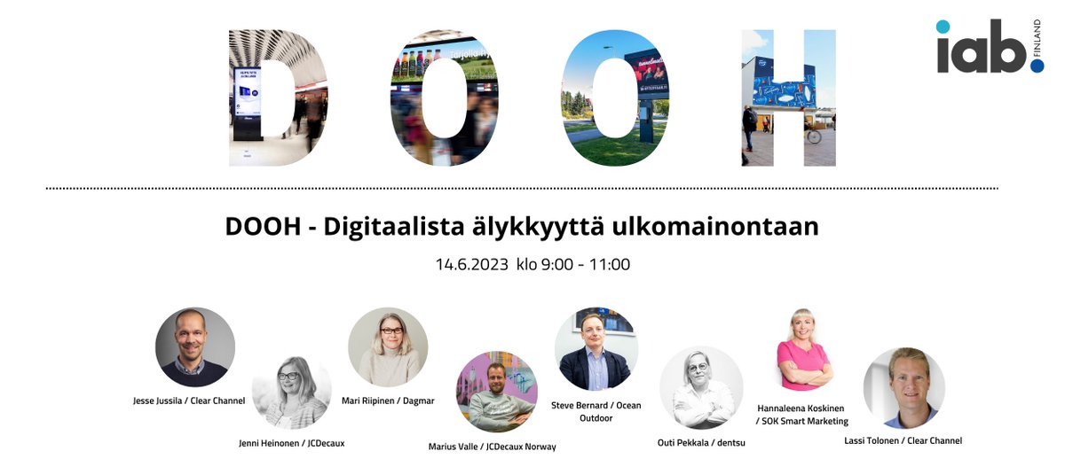 Kevään tapahtumakimaran sokerina pohjalla tulee odotettu DOOH webinaari! 14.6. klo 9-11
Mitä ulkomainonnan digitalisoituminen tarkoittaa kampanjoille ja ostamiselle?
Ilmoittaudu webinaariin: ssl.eventilla.com/dooh23
#dooh #ulkomainonta #iabfinland #digipinnat #digimarkkinointi