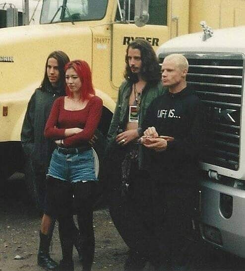 Chris Cornell of Soundgarden with Anthony Kiedis and Flea of Red Hot Chili Peppers & Miki Berenyi of Lush at Lollapalooza, 1992