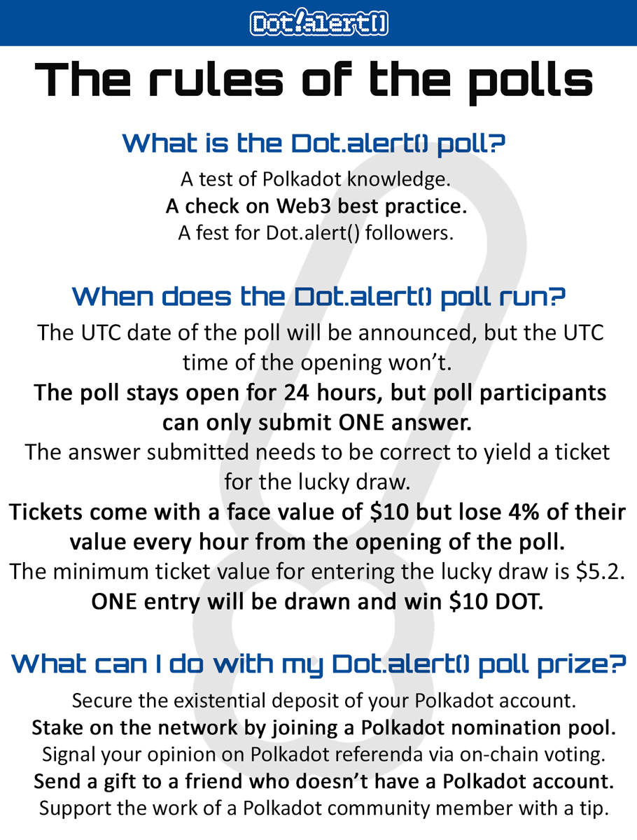 The🥇first edition of the Dot.alert() poll will be🔖scheduled in the upcoming days. It's🔔time to discover 'The rules of the polls' ahead of our🆕fortnightly event!
📌dot-alert.gitbook.io/dot.alert/comm…

#Polkadot $DOT #DAO #Web3 #Crypto #Blockchain #PublicGood #GitcoinBeta