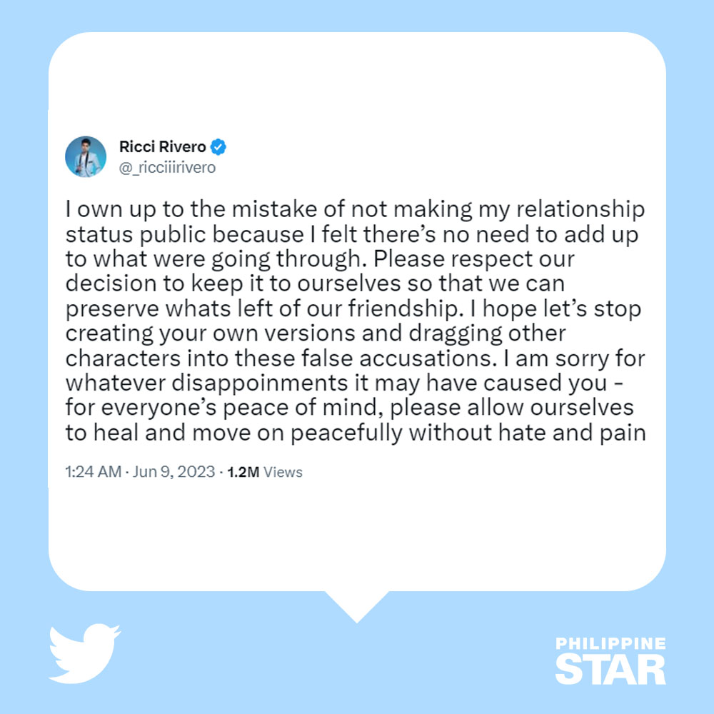 PhilippineStar's tweet photo. 'PLEASE ALLOW OURSELVES TO HEAL AND MOVE ON'

Basketball player Ricci Rivero on Friday broke his silence amid rumors about the status of his relationship with actress Andrea Brillantes. https://t.co/SzH0j58Dvd