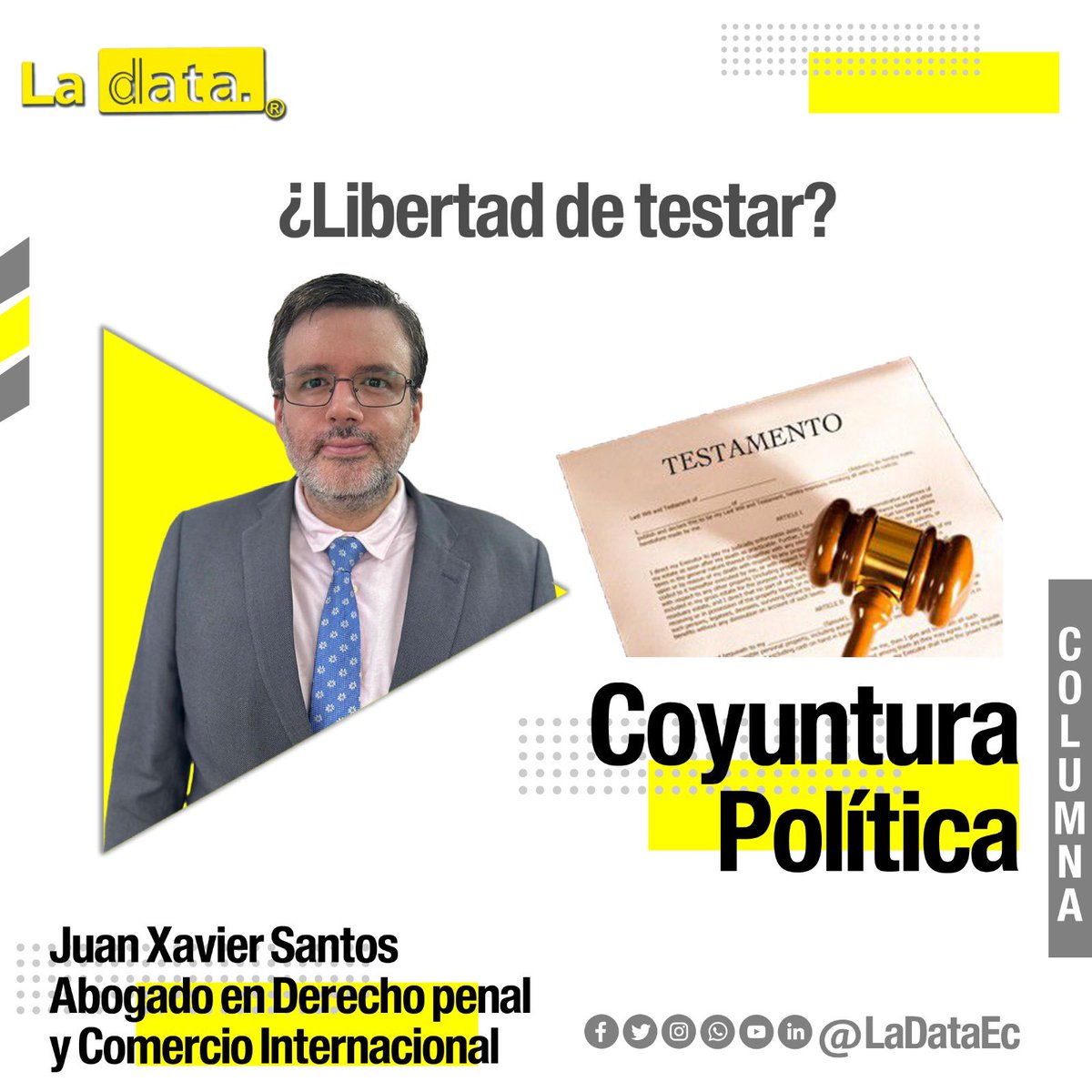 #CoyunturaPolítica ¿Libertad de testar?

En Ecuador existe un problema sucesorio, y esa es la falta de libertad al testar. Le explico, querido lector:
Uno no es libre de determinar cómo repartir su patrimonio en vida mediante un testamento, ya que la ley ha determinado a quiénes…