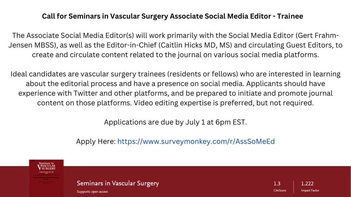 We are seeking associate social media editors for @SeminarVascSurg. Exciting opportunity for vascular surgery trainees with a presence on social media to be engaged in the editorial process. Applications are due 1 July surveymonkey.com/r/AssSoMeEd