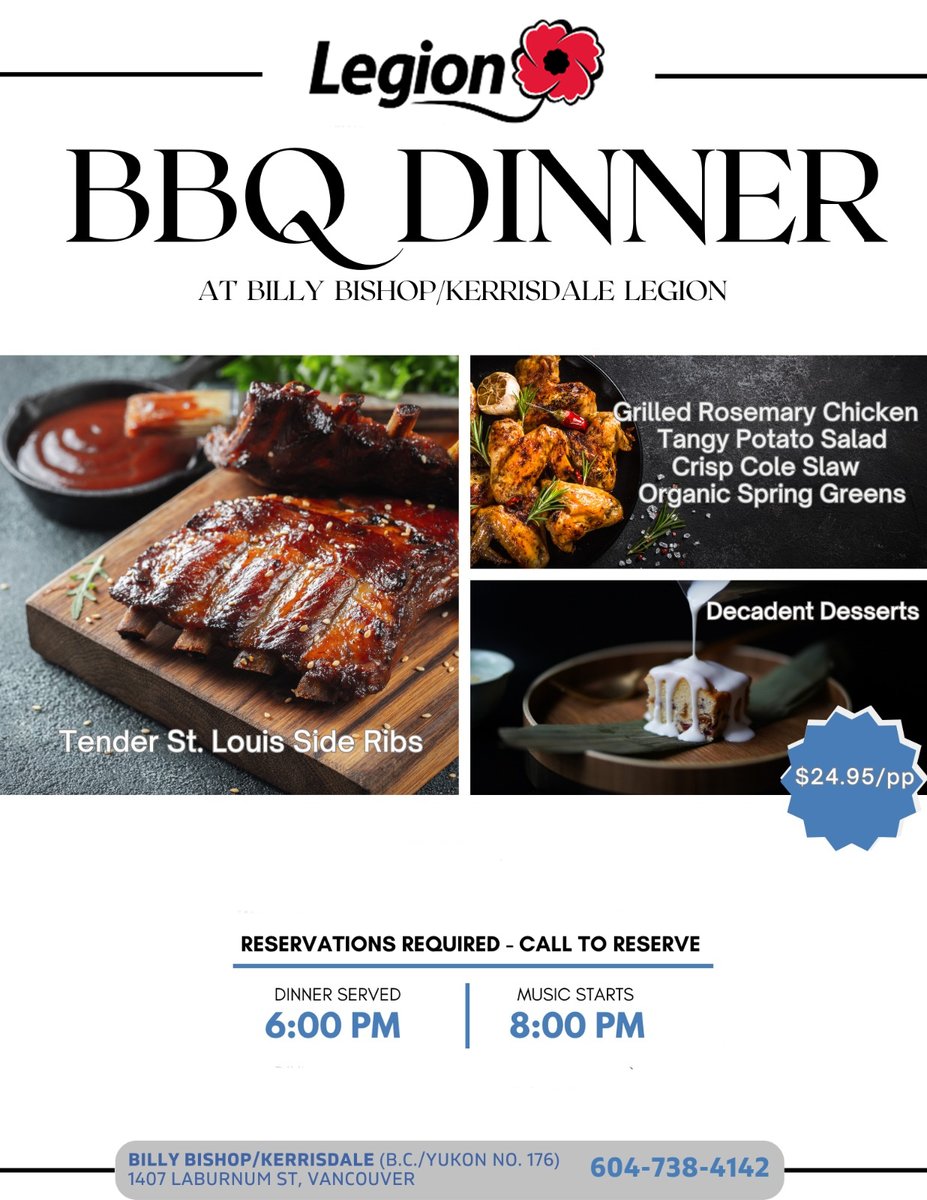 TheBillyRCL176's tweet photo. We BBQ! This Saturday night we're serving St. Louis-style ribs, grilled rosemary chicken, potato salad, coleslaw, spring greens and decadent desserts for $24.95 pp. Entertainment by Chapter 11! #SummerBBQs #BBQ #PatioLife #Neighbours #KitsPoint #Vancouver #TryUsOut #DineOut https://t.co/pWF7ljQl9b