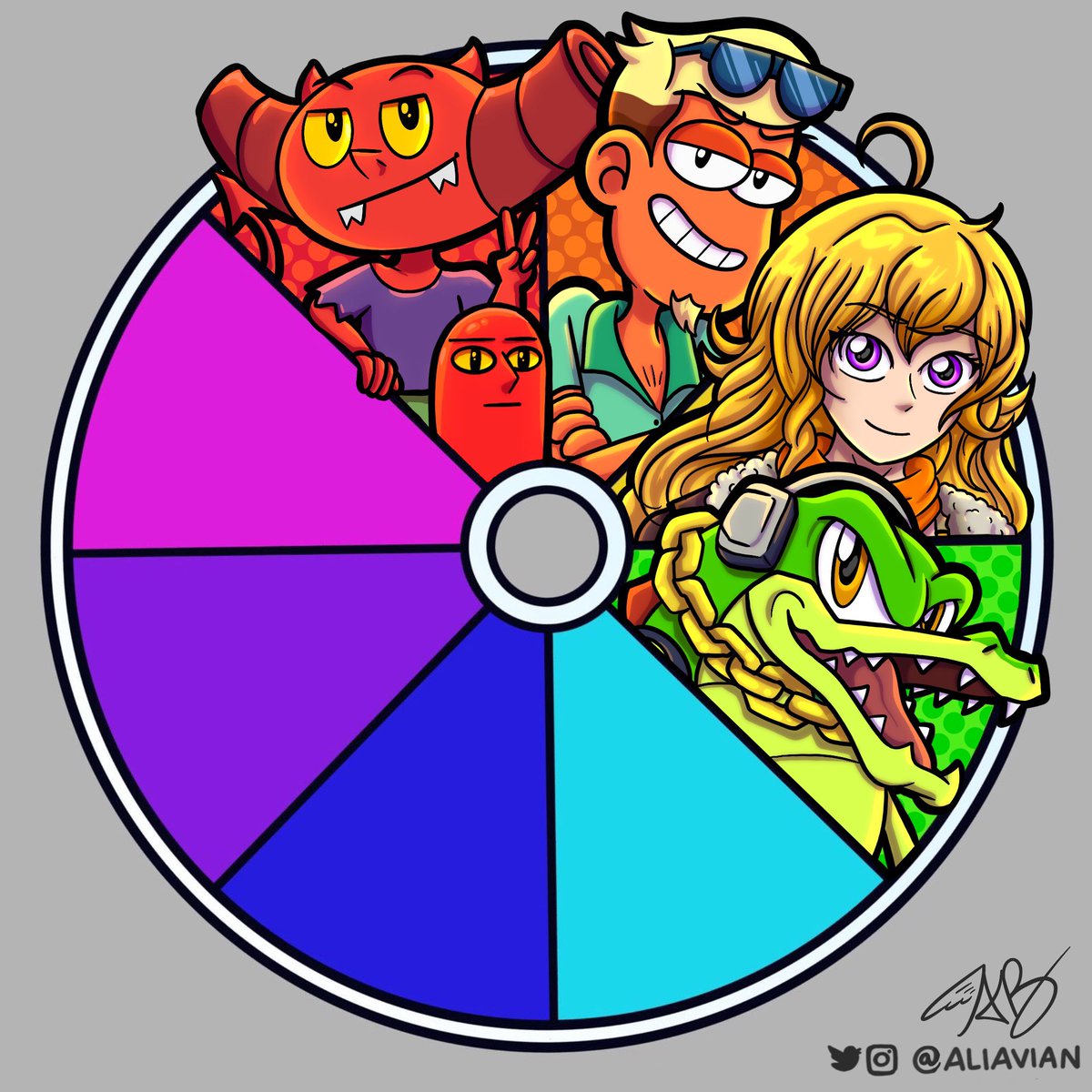 Okay I immediately liked the suggestion for Vector the Crocodile from Sonic the Hedgehog, mostly because his head just fit the pie shape for the green spot perfectly! 😂💚
Taking suggestions for light blue section next! 🥰

#colorwheelchallenge #colorwheel #fanartchallenge