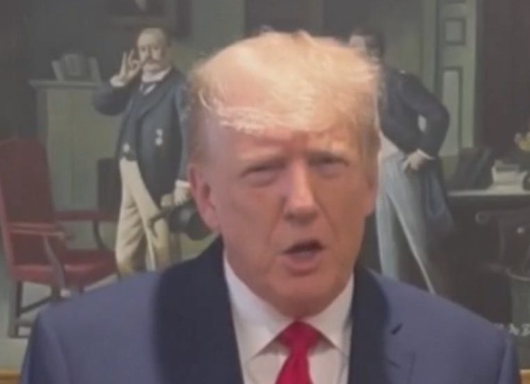 I'm sorry, is there literally a dastardly scoundrel twirling his mustache behind Donald Trump in his video claiming he's an innocent man? (Are they just messing with us at this point?)