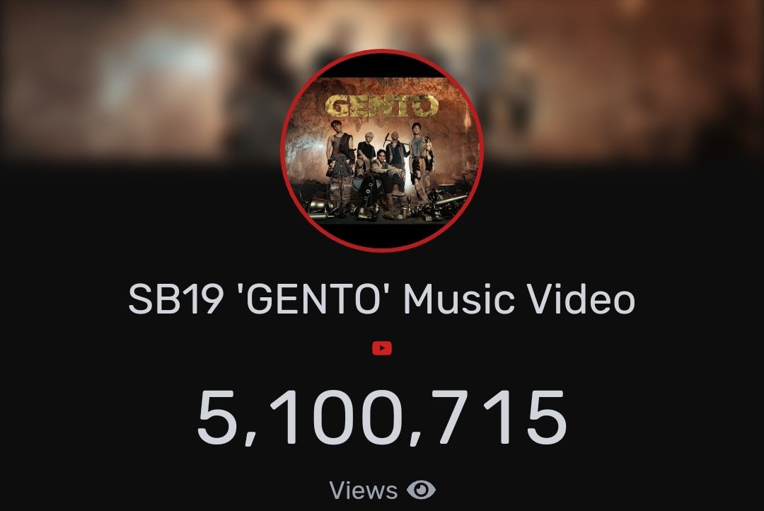 Views Update as of 9:14 AM 

SB19 - GENTO MV has gained more than 5.1 Million views on YouTube!

 D-DAY PAGTATAG EP RELEASE
@SB19Official #SB19
#GENTO_5MILLIONViews