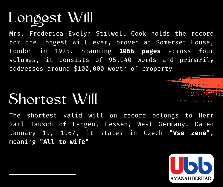 ubbamanahberhad's tweet photo. These records demonstrate the wide range of estate planning strategies people use to shape their final wishes, highlighting the diversity within this field. Each unique example reflects the individuality of the testators, showcasing their specific preferences and circumstances.

This contrast of legal extremes reminds us of the limitless possibilities and creative decisions one can make when preparing for the future. It emphasizes the importance of tailoring estate plans to individual needs and desires.

By exploring these diverse examples, individuals can gain valuable insights and inspiration to craft their own personalized approach to estate planning, ensuring their final wishes are fulfilled in a meaningful and unique way. #estateplanning #history #funfacts
