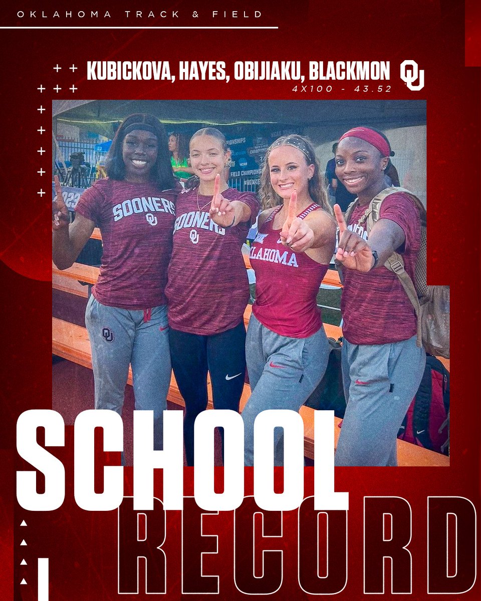 🚨 𝙎𝘾𝙃𝙊𝙊𝙇 𝙍𝙀𝘾𝙊𝙍𝘿 🚨

The 4x100 relay squad of Eva Kubickova, <a href="/MikaylaHayes03/">Mikayla Hayes</a>, <a href="/amandabeax/">amanda</a> and <a href="/Kennblackmon/">Kenn🌿</a> clock a season-best 43.52 to break the record and earn second team All-America status!

#BoomerSooner ☝💨