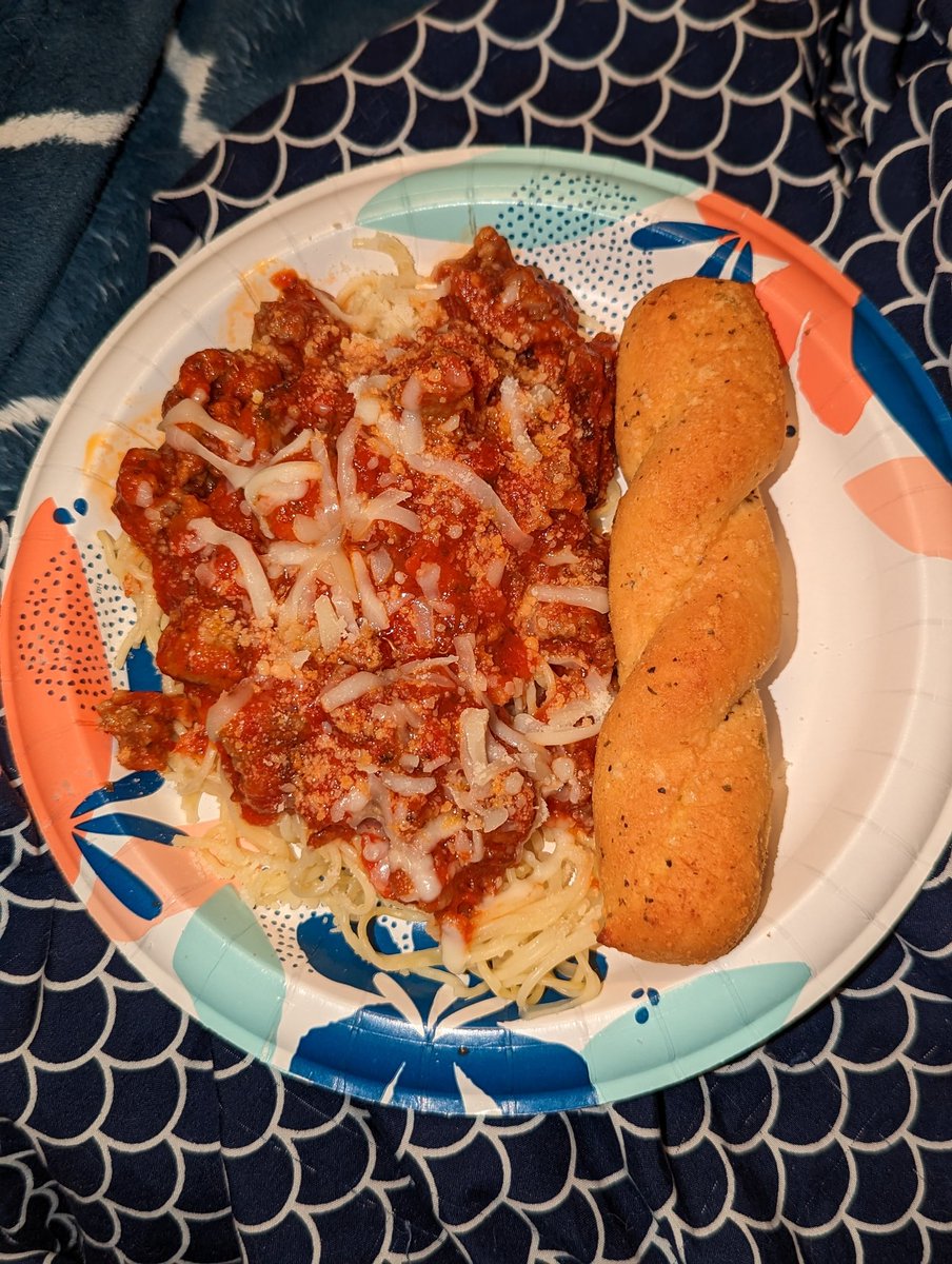 I was feeling better today after my blood transfusion & IV electrolytes infusions. Then they indicted Trump & now I'm even better!! I made dinner! Spaghetti with Italian Sausage & garlic bread twist! #ThanksCancer #Cancer #chemotherapy