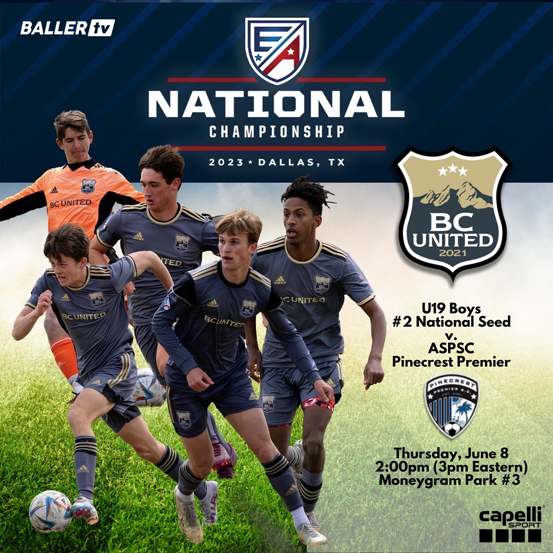 efrankowski's tweet photo. Game on! Five Boulder County United teams headed to #EliteAcademyLeague Nationals, including Brody's U19 squad. Games  broadcast on BallerTV: https://t.co/0pzB99TmyF Vamos BCU! https://t.co/kuwBu8OX9c