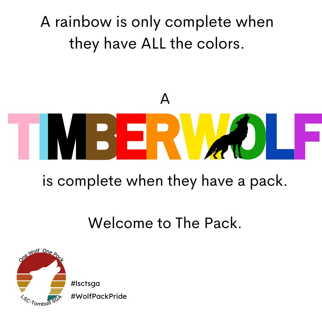 Here, you are home. We welcome all members of #ThePack &amp; celebrate love in all forms. At <a href="/LSCTomball/">LSC-Tomball</a>, you can find support &amp; resources, but you can find more resources &amp; community at thetrevorproject.org. 
Welcome to the Pack! 🐺🌈🏳️‍🌈
#PrideMonth #OneWolfOnePack  #WolfPackPride
