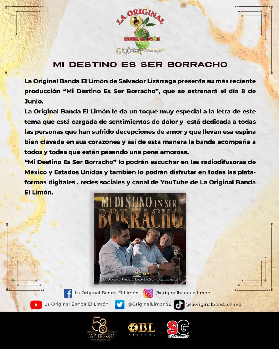Mis compadres de <a href="/OriginalLimonSL/">La Original Banda El Limón</a> andan de estreno con el tema #MiDestinoEsSerBorracho . La canción será lanzada a nivel mundial en las plataformas digitales el día 8 de Junio del presente año. ¡Estamos seguros que les encantará!. 
<a href="/FansOBLimonMZT/">Familia Original MZT</a> <a href="/panchooblimon/">francisco lizarraga</a> <a href="/Sergitogomez13/">Sergio Gómez Díaz</a>