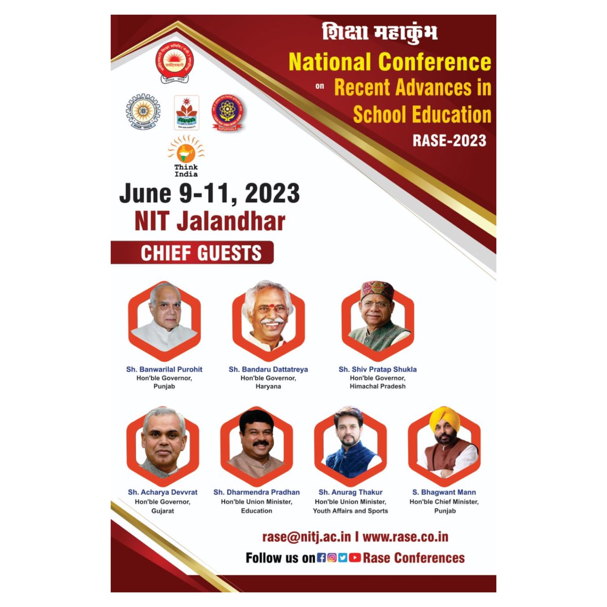 3 days National Conference on Recent Advances in School Education (RASE), 2023 is beginning at Dr. B R Ambedkar National Institute of Technology #Jalandhar today. Union Minister @ianuragthakur will be the Chief Guest in the inaugural session of #ShikshaMahakumbh. 
The event will…