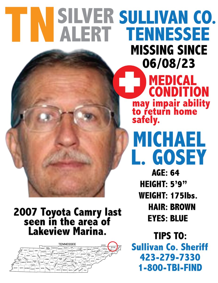 #Missing #SilverAlert Michael L. Gosey, 59, Kingsport, Sullivan Co, TN ‼️ Medical Condition may impair ability to return home safely ‼️ Tips to ☎️ Sullivan Co. Sheriff 423-279-7330 ☎️ 1-800-TBI-FIND #missingperson #kingsport #tricities #share #help #sullivanco #michaelgosey